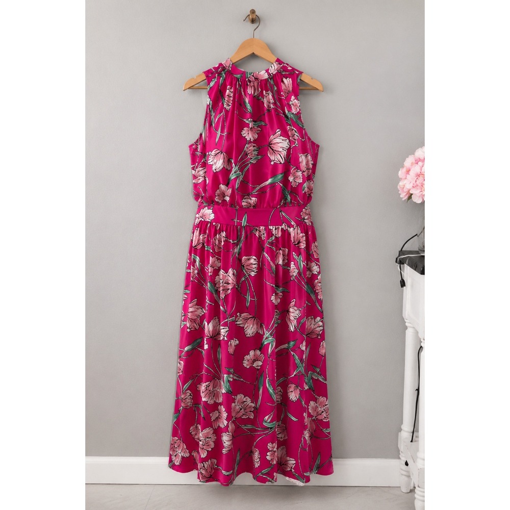 Leota Magenta Pink Floral Sleeveless Mock Neck Midi Dress with Tie Waist Large